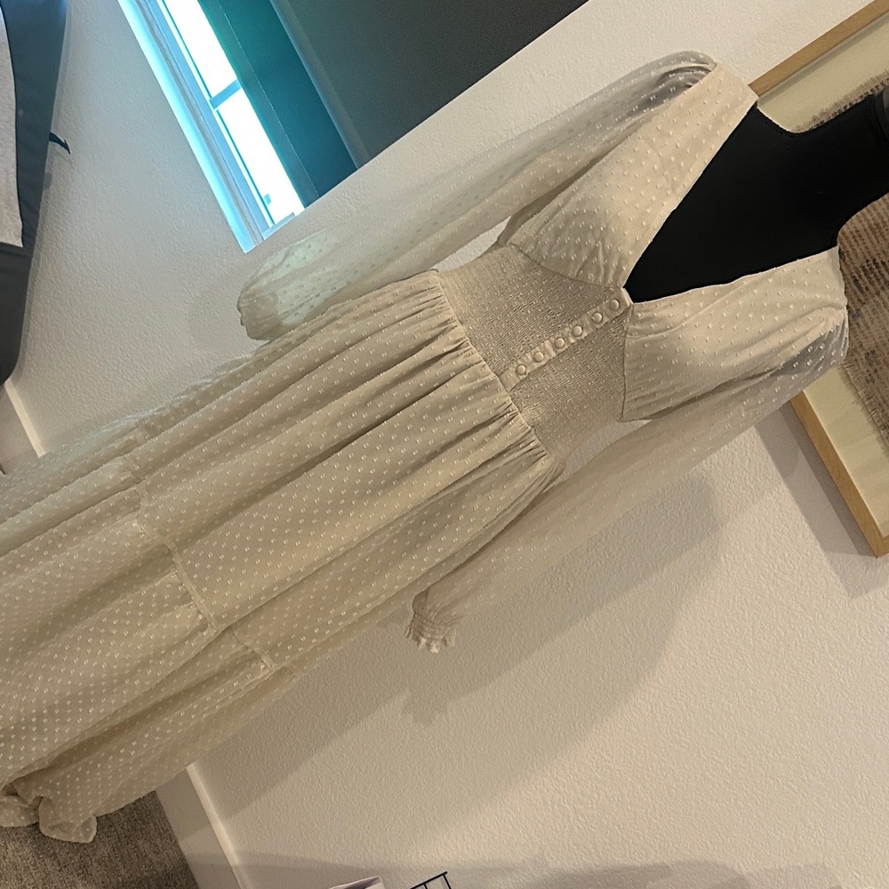 Patrons of Peace Cream Swiss Dot Maxi Dress with Sheer Long Sleeves
